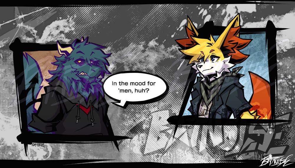 a digital drawing featuring two portraits of anthro characters with sharp, stylized black linework. on the left is ghostie (they/them) a dark teal colored fluffy dragon wearing a black shirt with a grey hoodie underneath. on the right is ren (it/he), a fennekin wearing a beige shirt, a teal short-sleeved hoodie, and an olive plaid bandana. ghostie rolls their eyes, saying "in the mood for 'men, huh?" to ren, and ren looks back at them with a smug smile. (in this context, 'men is short for ramen).