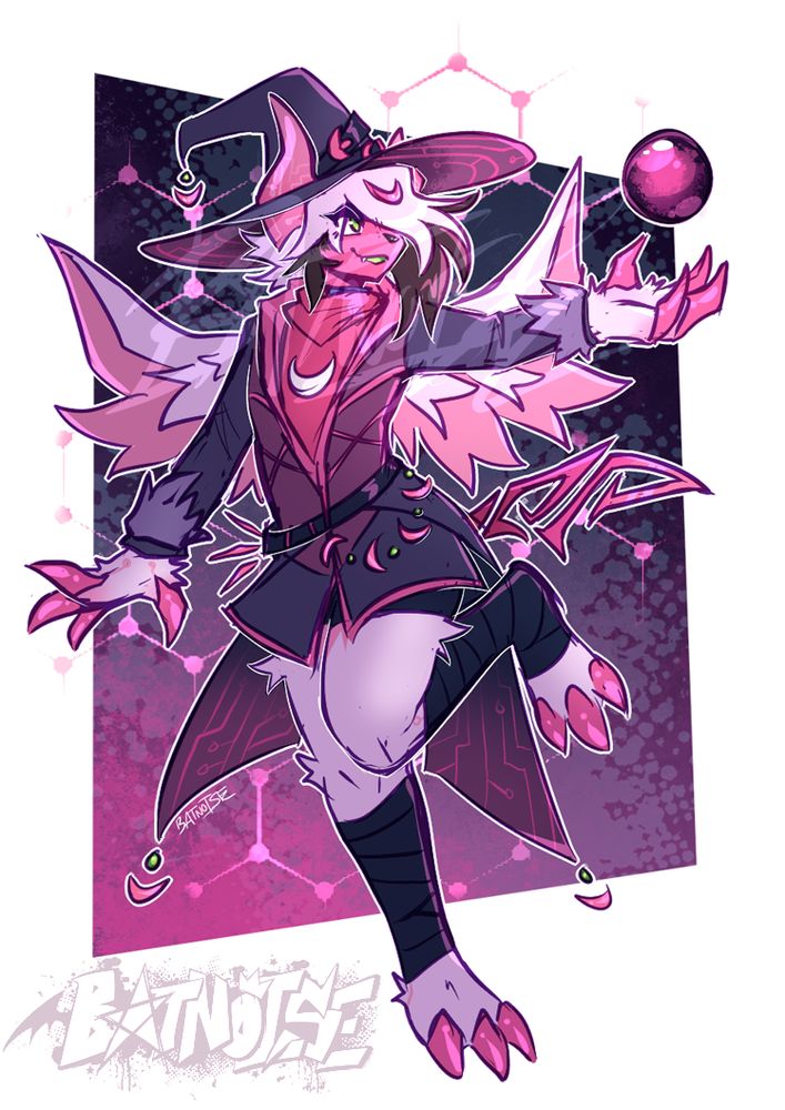 digital art of persephone (they/them), a white and pink absol anthro with black inner bangs and circuit markings on their horns, dressed up in witchy clothes with a large brimmed hat looking with wonder at a floating black and pink orb. the background is black, purple and pink.