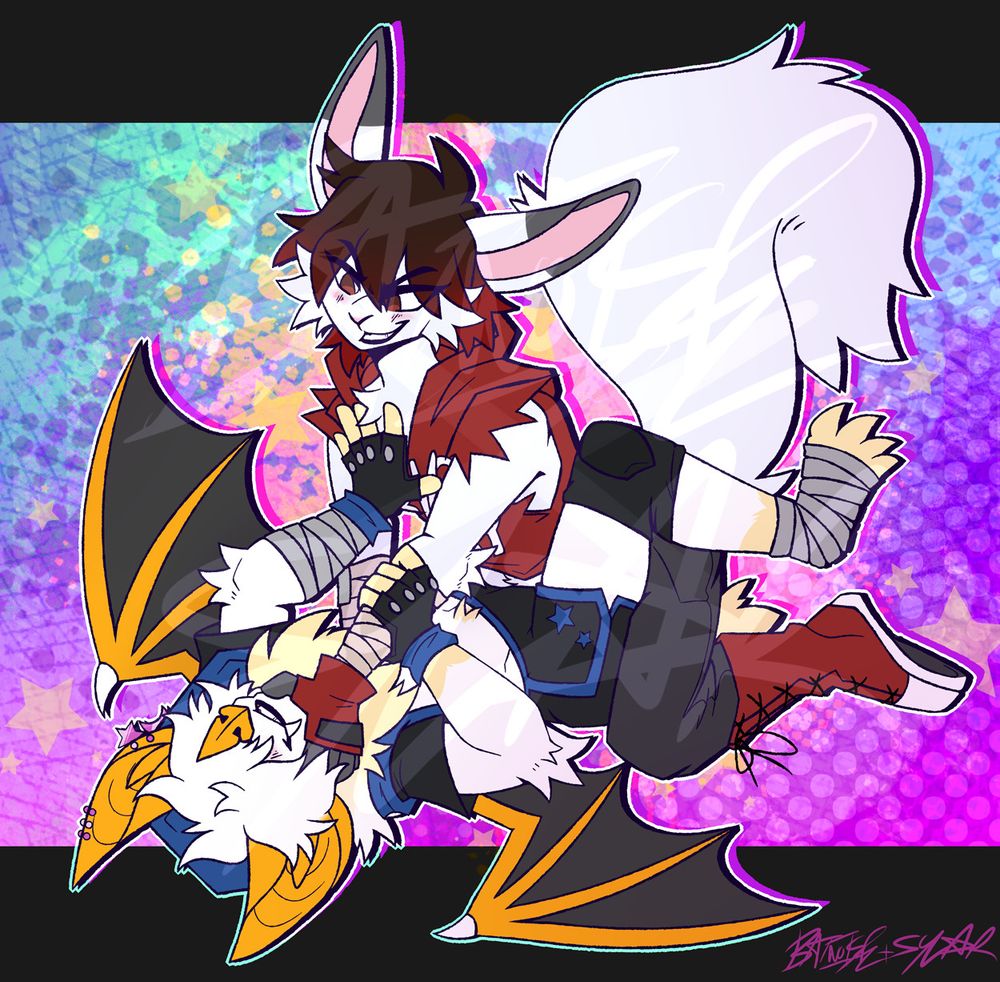 a digital drawing of two anthro characters wrestling each other, one pinning the other to the ground, against a blue and pink background with splatters and halftone textures. on the top is a white rabbit-squirrel hybrid with brown messy hair, brown eyes, a big squirrel tail, a tattered red hoodie, grey jeans, red gloves, and red shoes that go up their calves. on the bottom is a white and orange bat with fluffy hair that covers their eyes, wearing an open short-sleeved jacket, short shorts, black gloves and knee pads. both of them have bandages wrapped around their arms.