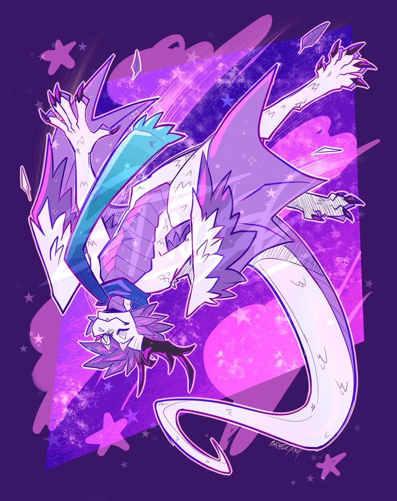 a digital illustration with sharp linework of a white iridescent dragon anthro with purple feathers and accents, black horns, and a blue scarf, whimsically flying backwards against a background of a purple and pink night sky.