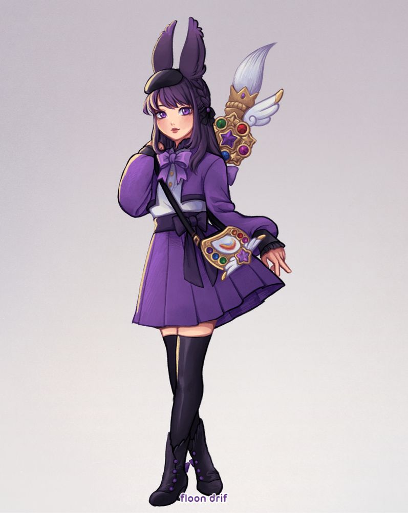 drawing by me (floon) of my female viera warrior of light from ffxiv with a pictomancer weapon and a purple dress, black socks and boots, and a black beret
watermark says "floon drif" at the bottom