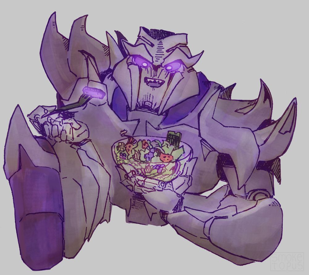 Megatron, holding a salad (with dark energon), laughing.