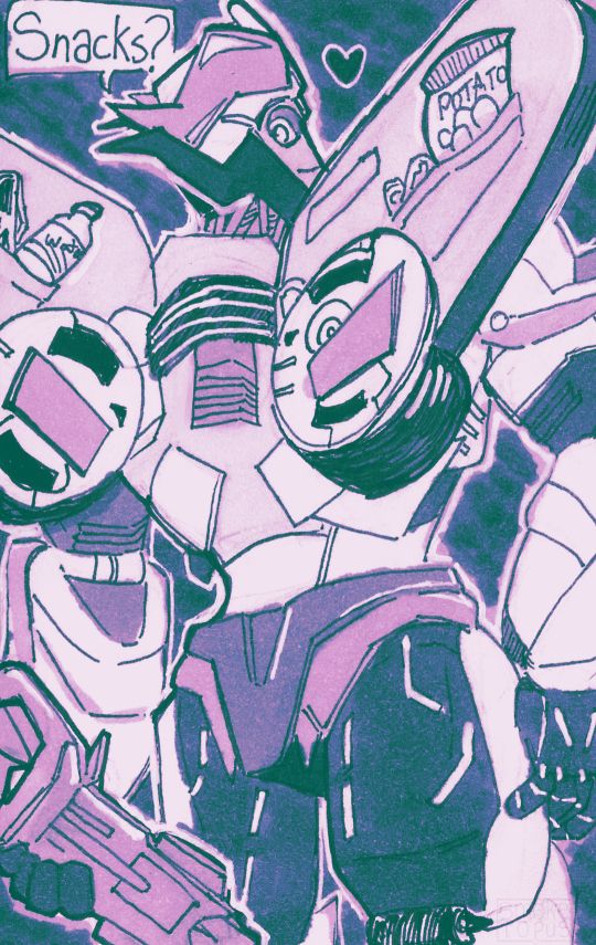 Smokescreen's back, drawn traditionally. He has snacks in his pocket