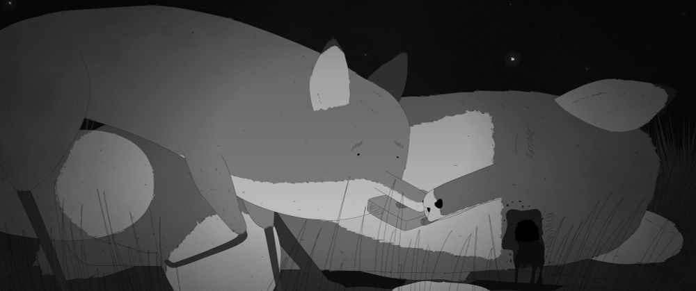 A still from my animation. A fox is holding a cassette player in her mouth, nudging another fox laying dead on the floor, missing an eye and pooling blood.