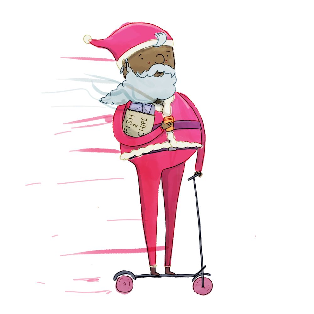 A drawing of santa with some fish and chips in a bag, holding a coffee on an e-scooter.