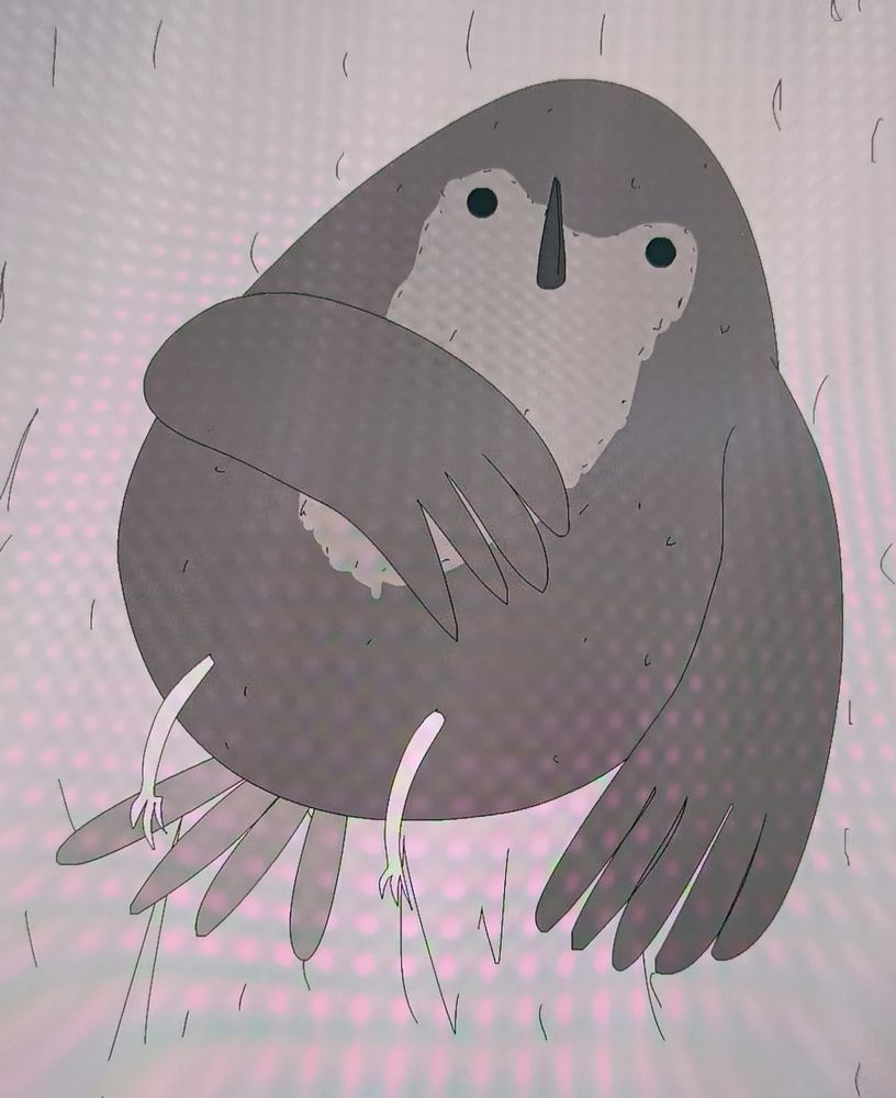 Greyscale drawing of a bird, wing on stomach, exhausted from doing bird stuff 