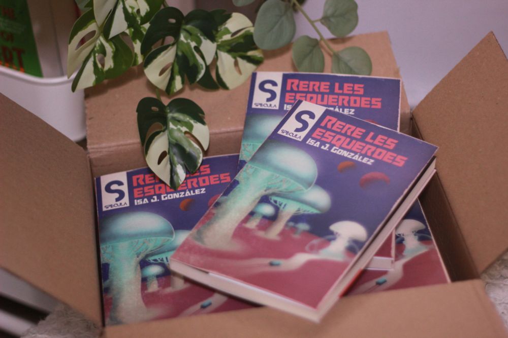 Una caja de cartón en la que se ve una pila de libros, todos del mismo título: Rere les esquerdes. Hay un par de ejemplares sobre la caja.