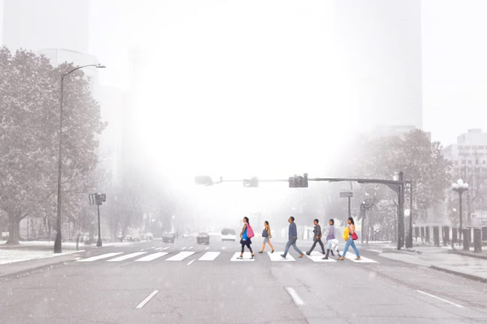 AI-generated image of Broadway in Denver with a raised crosswalk and people walking 