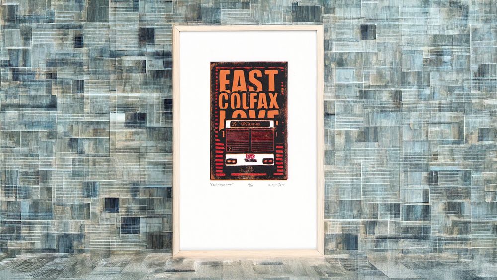 Linocut print of RTD Denver's 15 bus on Colfax framed in an AI generated frame