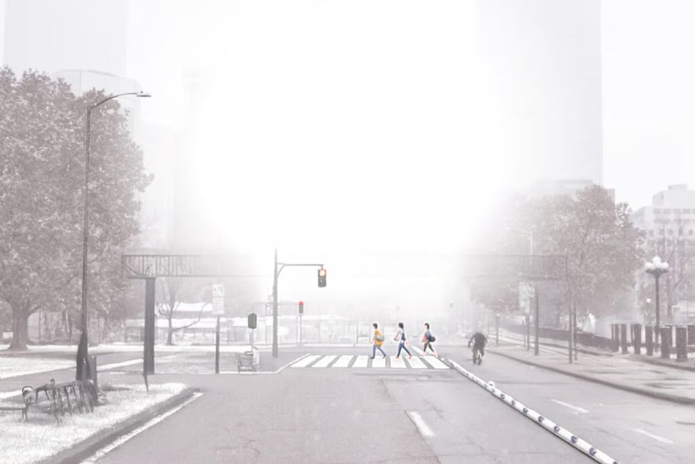 AI-generated image of Broadway in Denver with a bike lane and removing another car lane, adding a raised crosswalk.