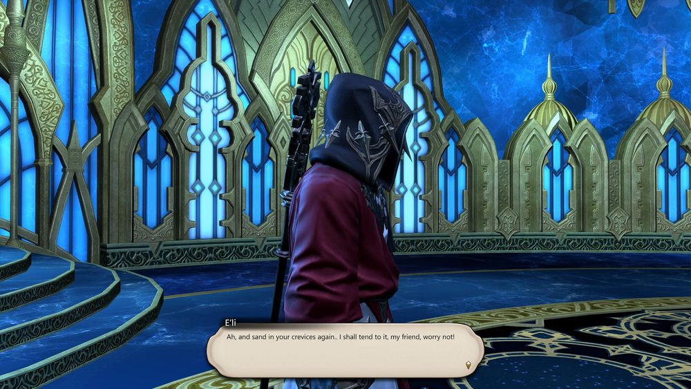 E'li continues as the shot lingers on the Exarch. "Ah, and sand in your crevices again. I shall tend to it, my friend, worry not!" 