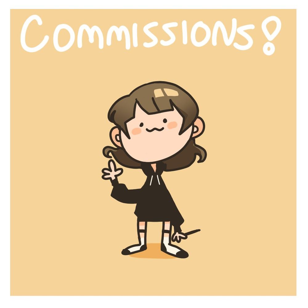 a stylized image of me waving at u. at the top it reads "commissions!"