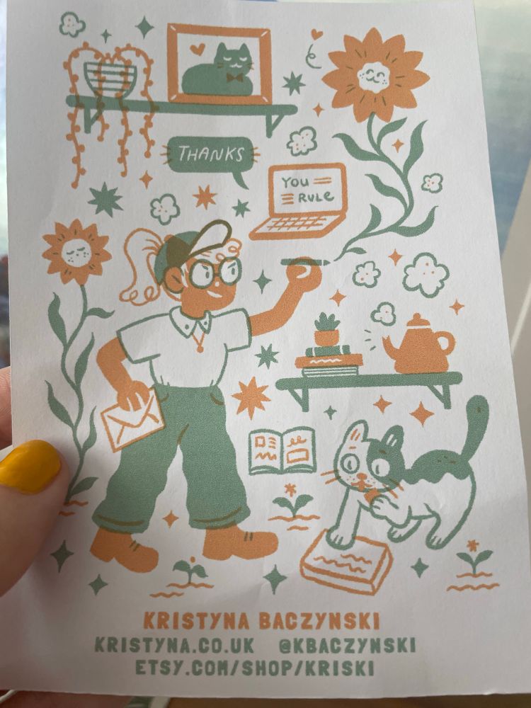 A promo flyer with a very cute design, by Kristyna Baczynski. Links include: http://kristyna.co.uk, @kbaczynski and etsy.com/shop/kriski