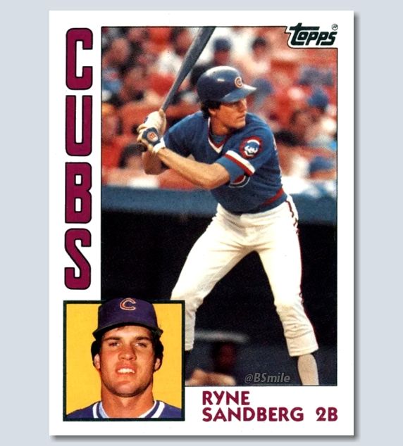 It's Ryne Sandberg's 1984 Topps baseball card (number 596). He's in a batting stance, wearing the Cubs' blue polyester pullover of the era, and white pants.