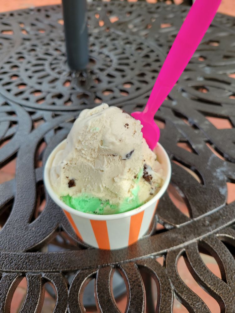 It's two scoops of ice cream in a cup. One scoop is cookies and cream. The other is mint chip. The mint chip is a vibrant green.