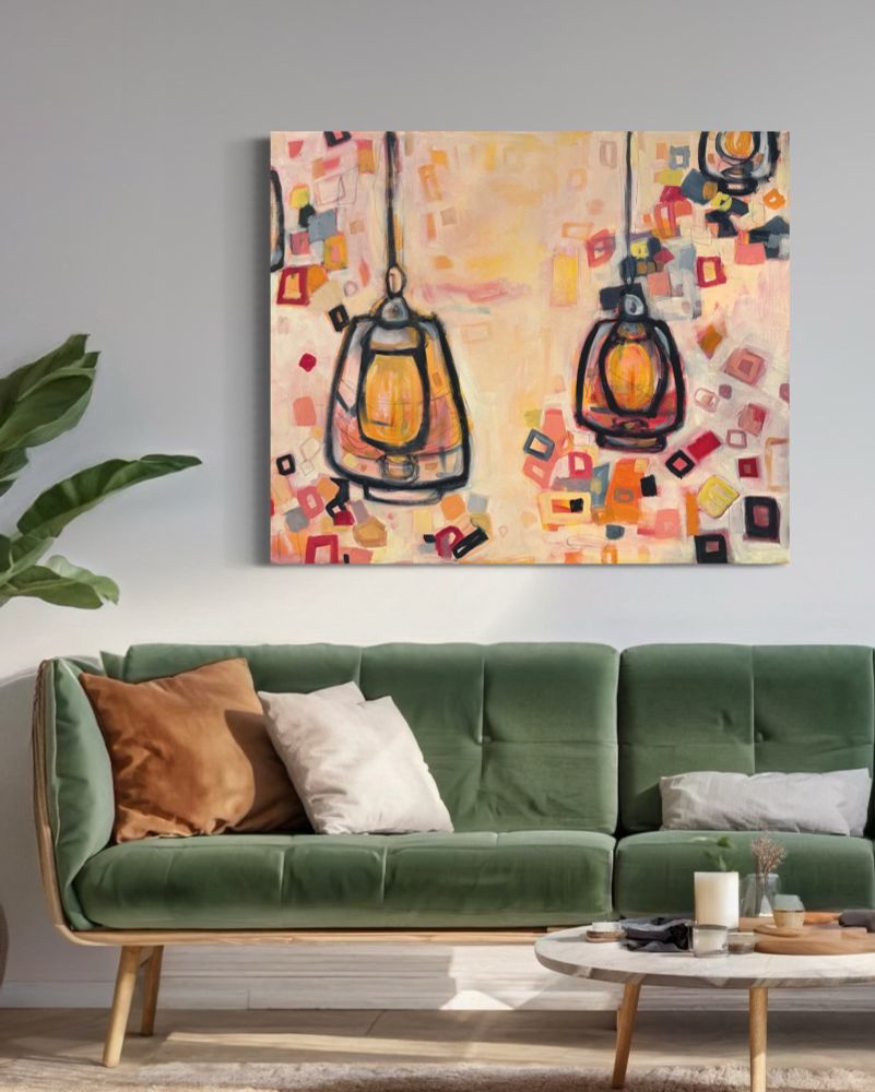 Large abstract oil painting with sketches of lanterns in situ 