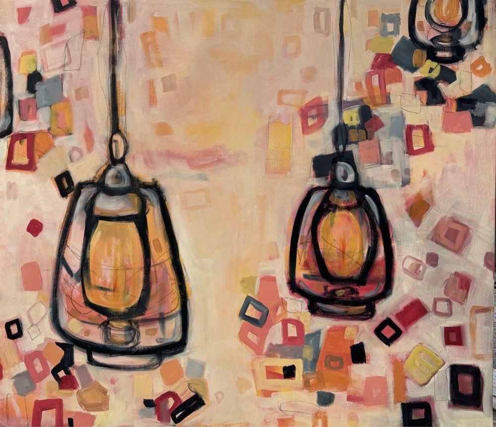 Large abstract oil painting with sketches of lanterns 