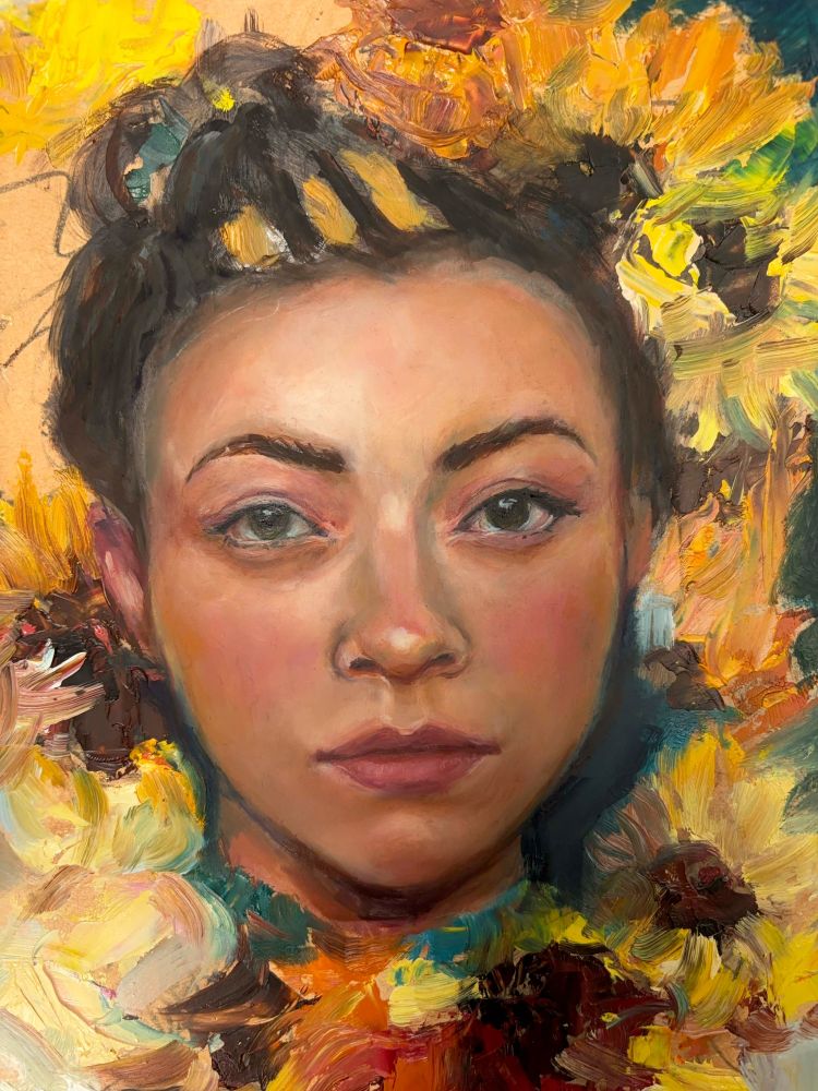 Oil painting of a woman surrounded by abstracted sunflowers, painted by Casey Wait