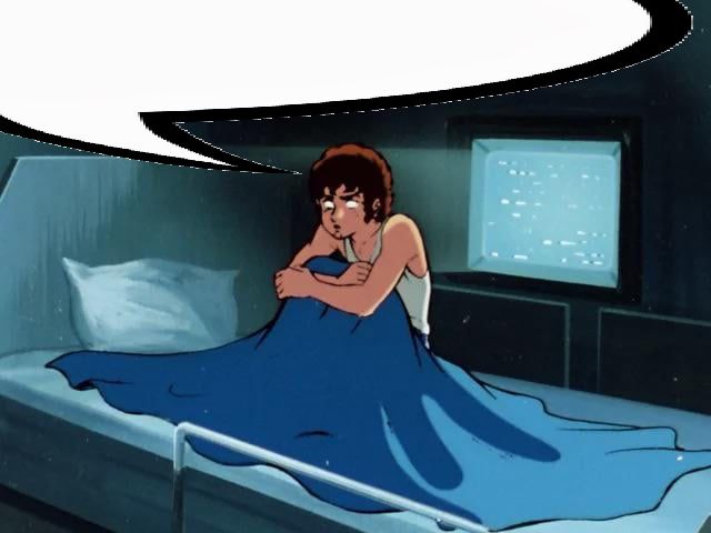 Amuro Ray sitting in bed, shook, a speech bubble over his head