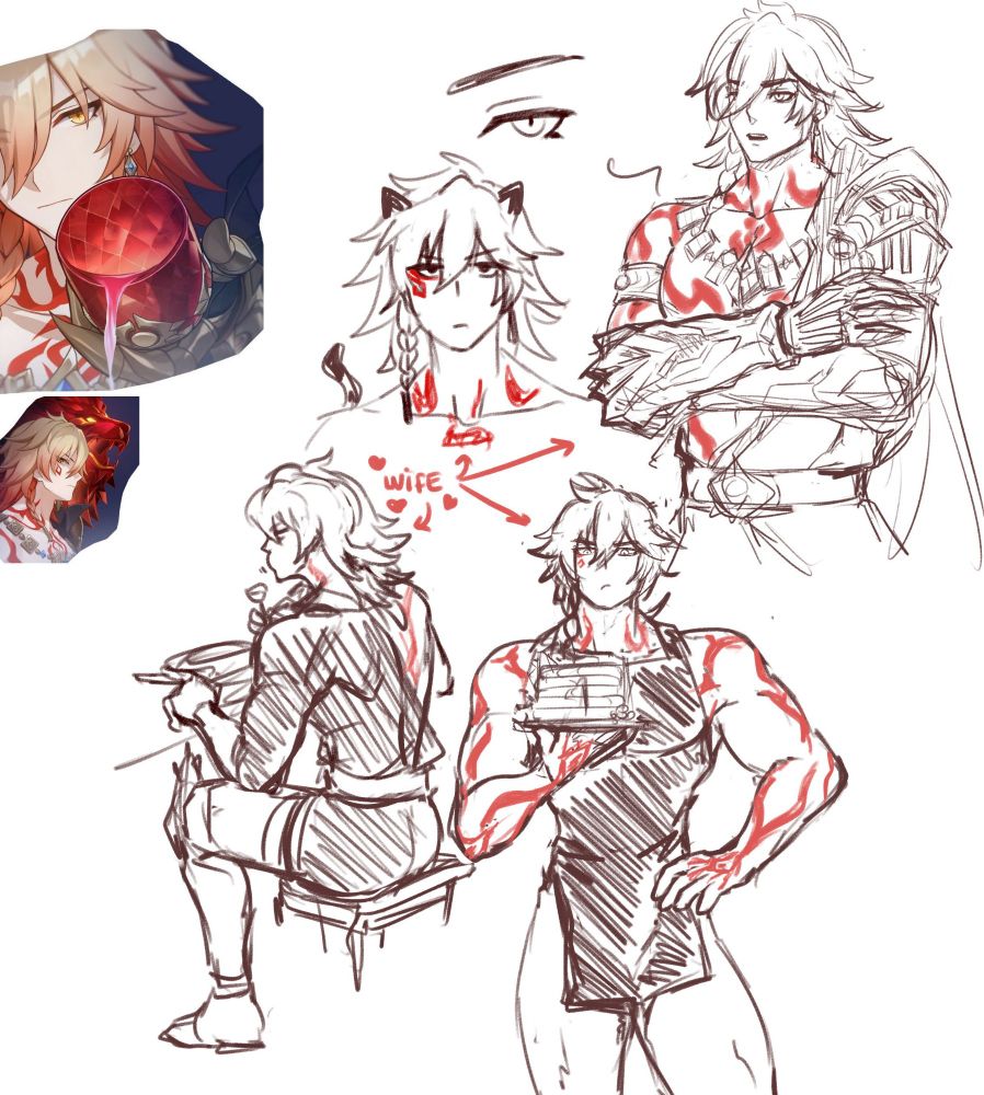 Mydei from Honkai Star Rail wearing cat ears and tail. Next doodle is him crossing his arms with a solemn expression on his face. Then a doodle of him, showing his back, eating something as he sits. Also a doodle of him holding a plate of pancakes while wearing an apron and nothing else.