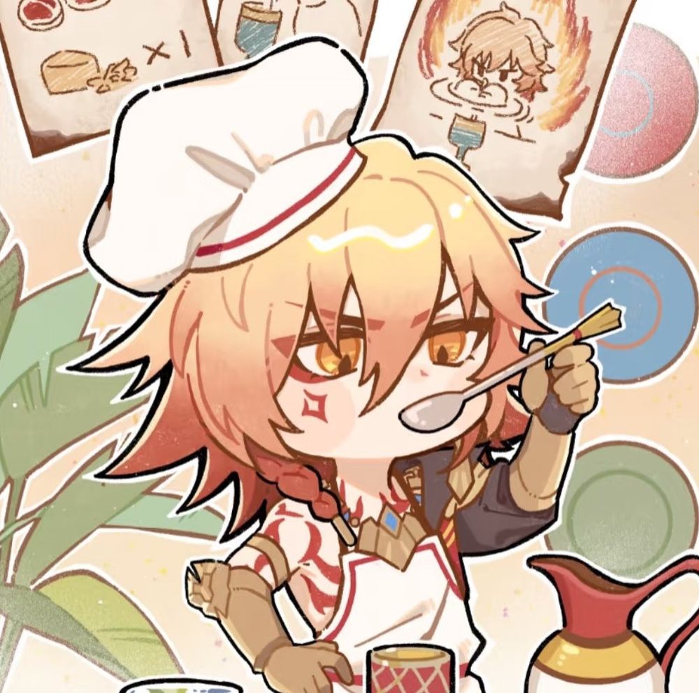 Mydei from Honkai Star Rail with a chef hat and an apron taste testing his favorite drink, pomegranate juice with a little cheese