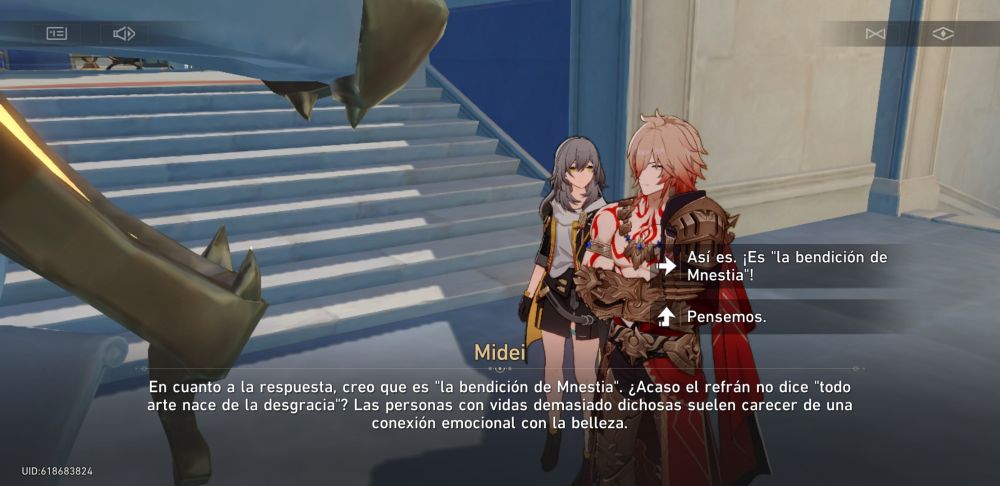 Stelle y Midei del juego Honkai Star Rail respondiendo uno de los acertijos de Leo Verax en la ciudad de Oquema