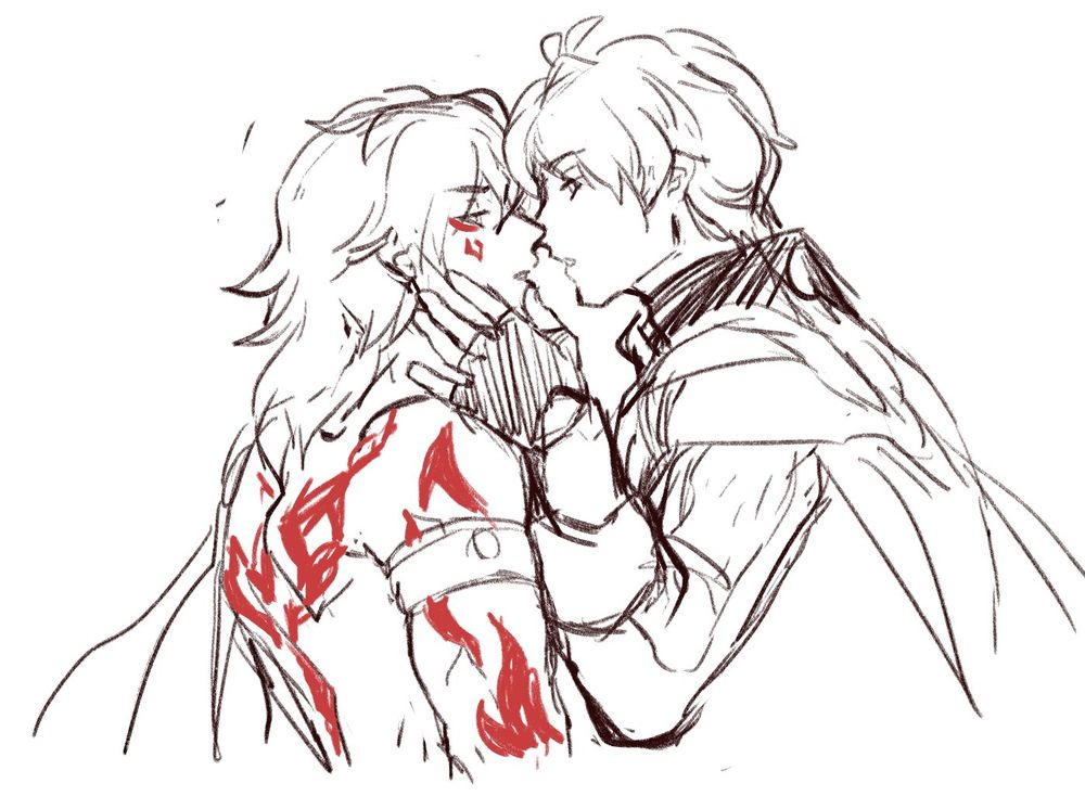 Mydei and Phainon from Honkai Star Rail looking each other tenderly, about to kiss 