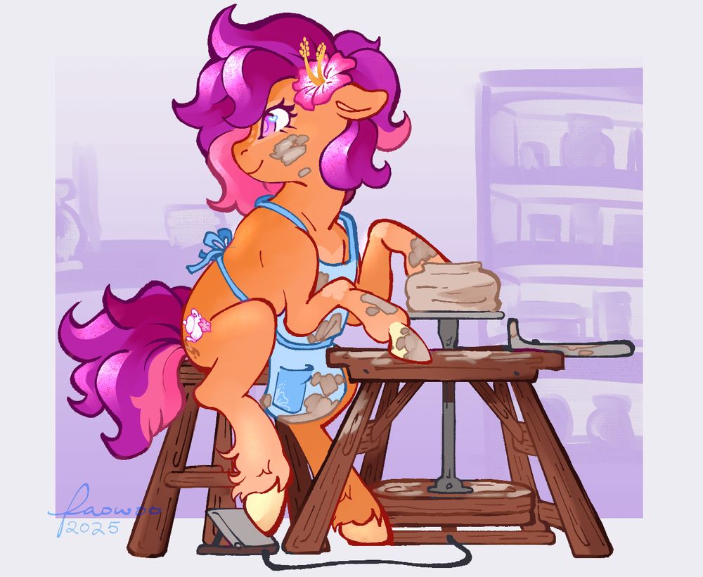 an orange earth pony with a purple and pink short mane&tail with  a slight shimmer, pink eyes, a hibiscus flower by her ear, and a teapot cutie mark. she wears a blue apron and sits at a pottery wheel with some clay splashed on her.