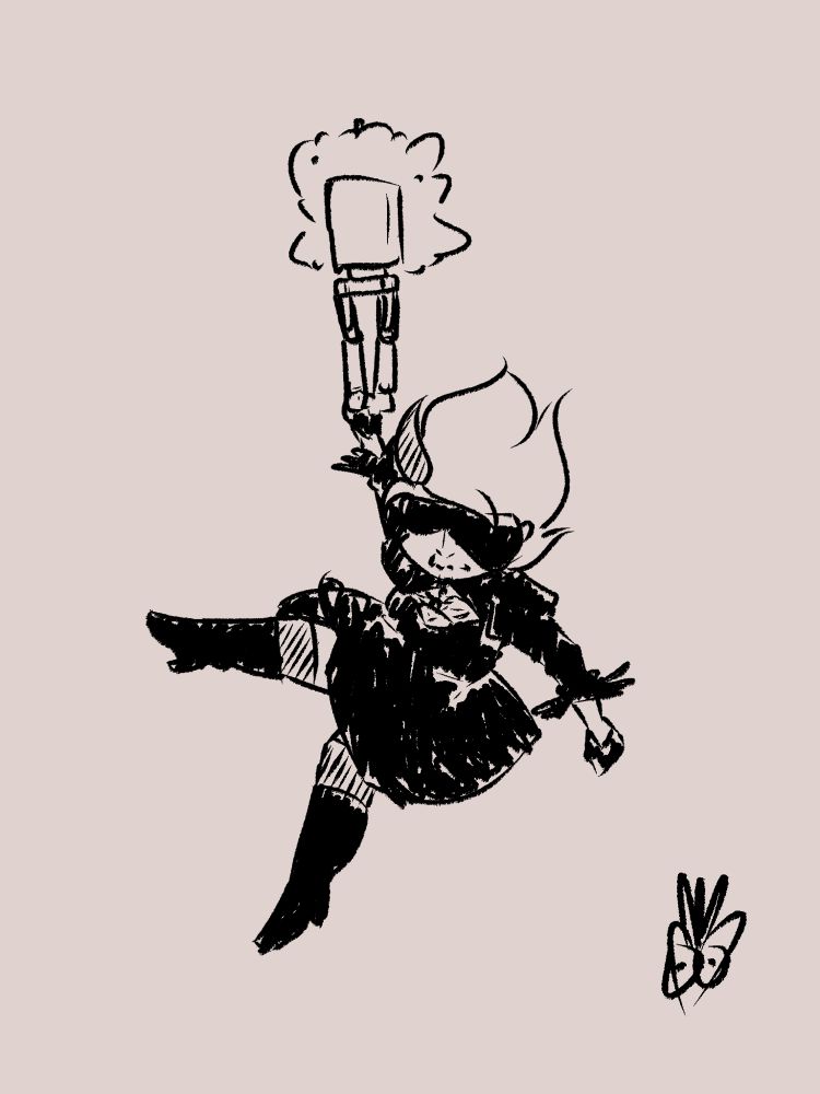 a sketch of Game Grumps hosts Arin Hanson dressed as 2B, and Dan Avidan as a Pod, from Nier: Automata. Arin is utilizing Dan as a support for a long drop, which is a game feature to help slow descent when falling from great heights.