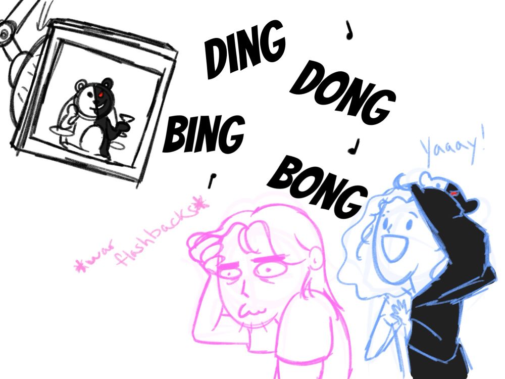 a sketch of the youtube comedy duo Game Grumps; arin is drawn in pink while dan is in blue and shown wearing a onesie of danganronpa series mascot Monokuma, who is drinking a glass of wine on a monitor. dan claps enthusiastically for more danganronpa shenanigans while arin contemplates where he went wrong in life. the series' iconic chime "ding dong, bing bong!" pings during said contemplation