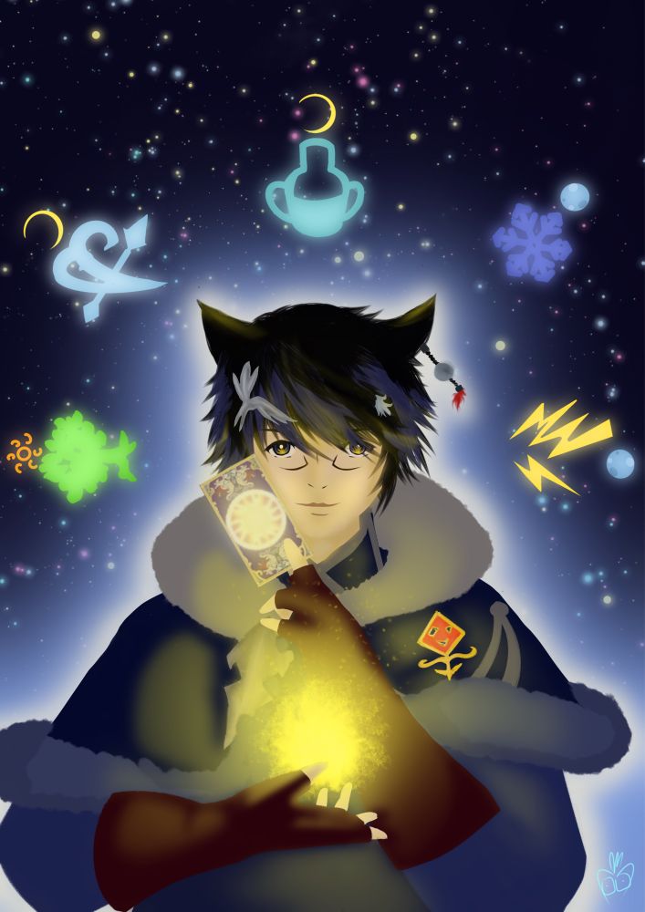 a somewhat amateurish but still colorful portrait of OP’s player character from the hit mmorpg FFXIV, holding a card from their class (Astrologian) with several icons from cards above them. they hold a miniature sun in the palm of their hand, indicating the final solar card of the Astrologian deck