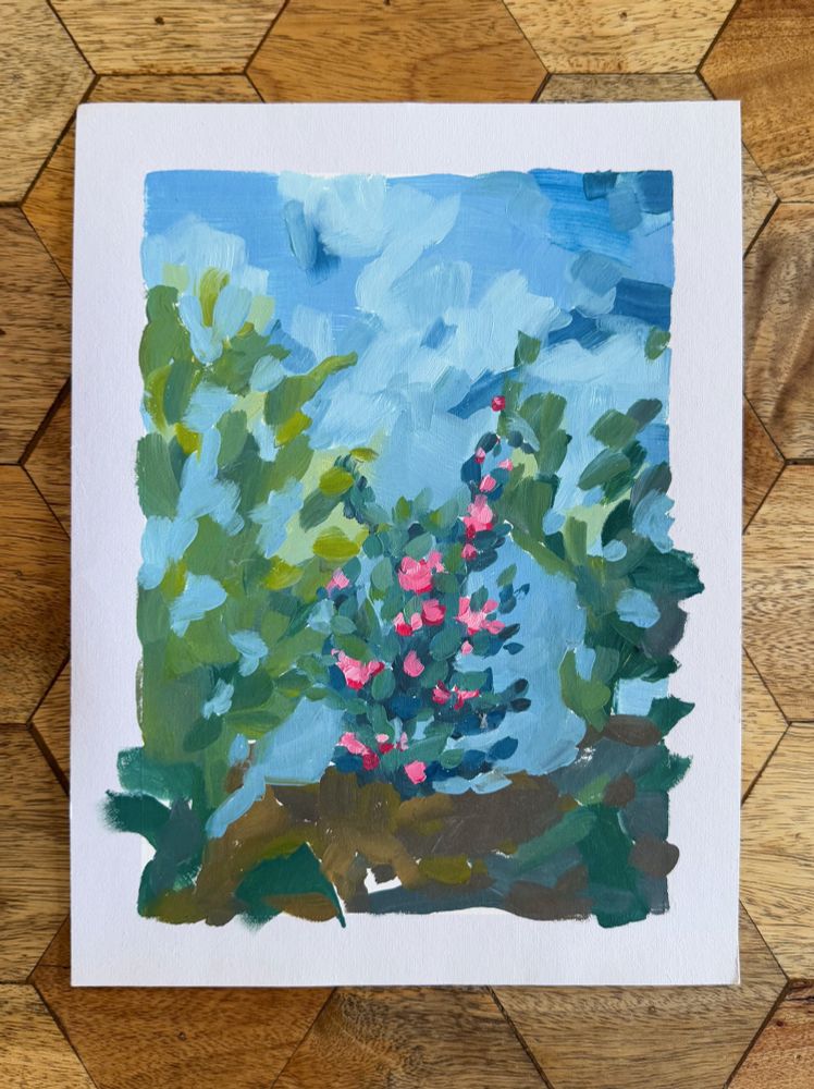 An oil paint sketch of an abstract landscape, with pink flowers. 