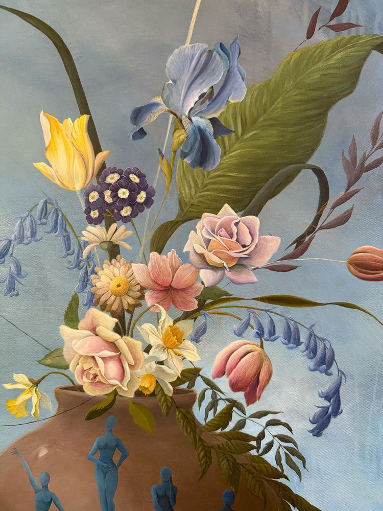 Detail of an acrylic floral painting in progress. Tulips, auricula, daffodils, daisies, bluebells and an iris in a large pot. 