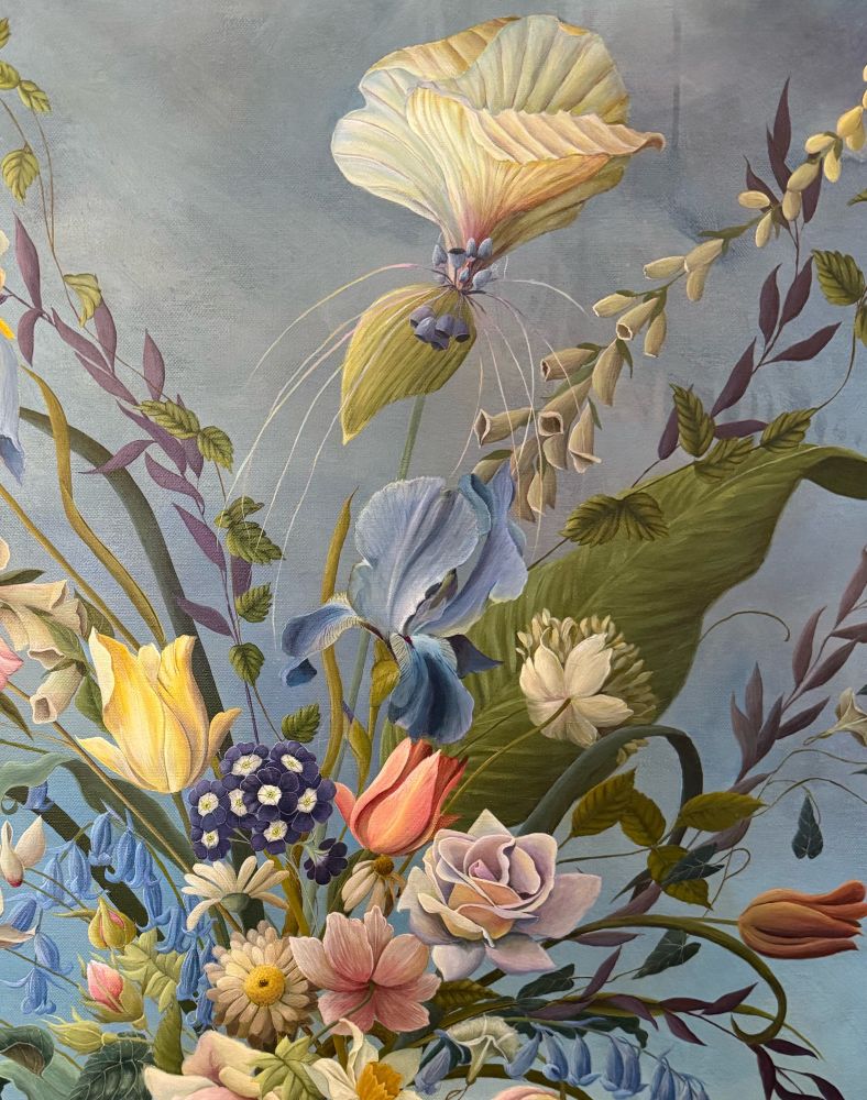 Detail of a floral work in progress. Tulips, auricula, daffodils, daisies, bluebells, iris, foxgloves, vines and a bat flower.