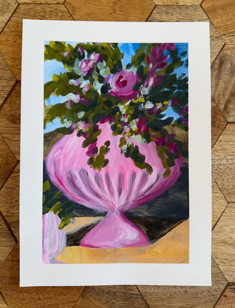 An acrylic paint sketch of a pink vase with pink roses and foliage.