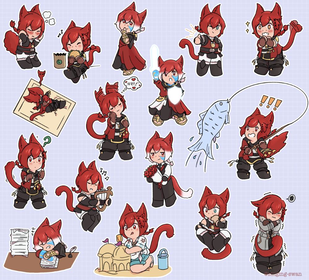 16 tiny chibis of G’raha in various states of being