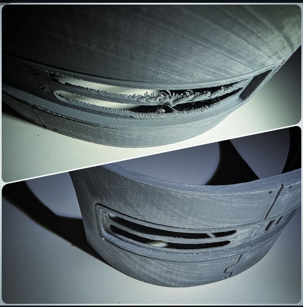 Split pictureof a 3D printed part. The top shows the 3D printed part with a defect on a thin area. The bottom shows the same part but the defec is almost completely gone.