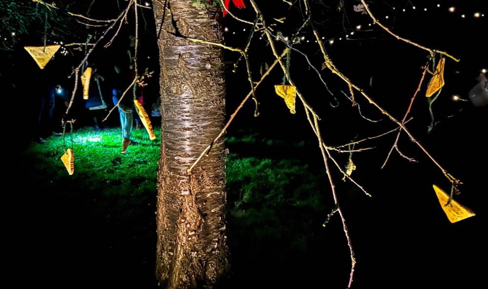 As part of the tradition, slices of bread or toast are often hung from the branches of apple trees. This image shows triangles of toast dangling from a tree in the orchard.