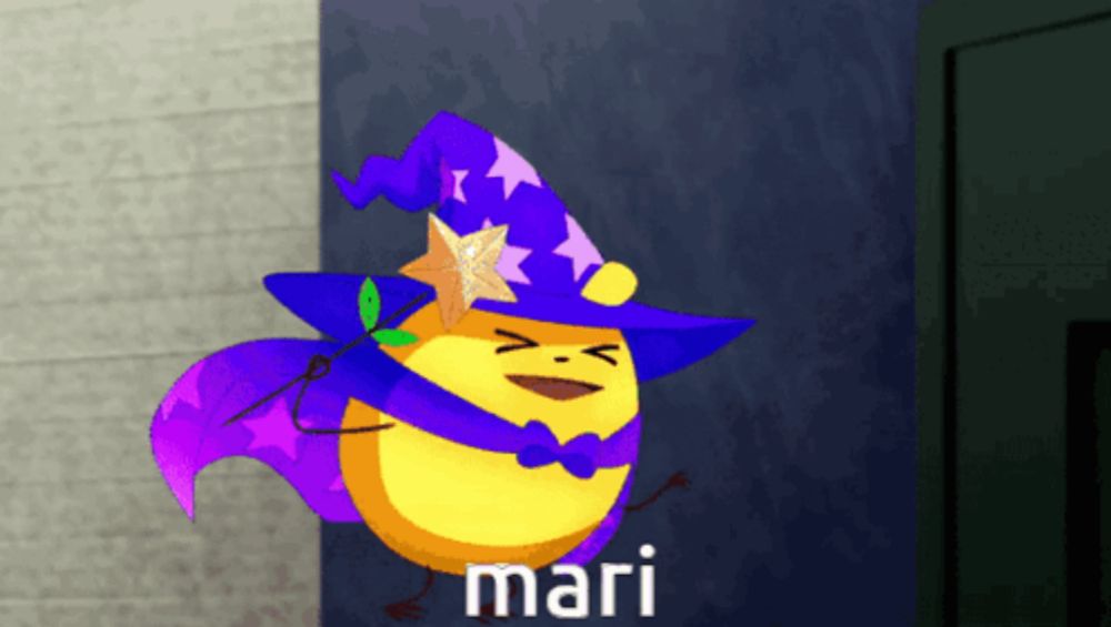 a cartoon character wearing a purple hat and a cape with mari written below it