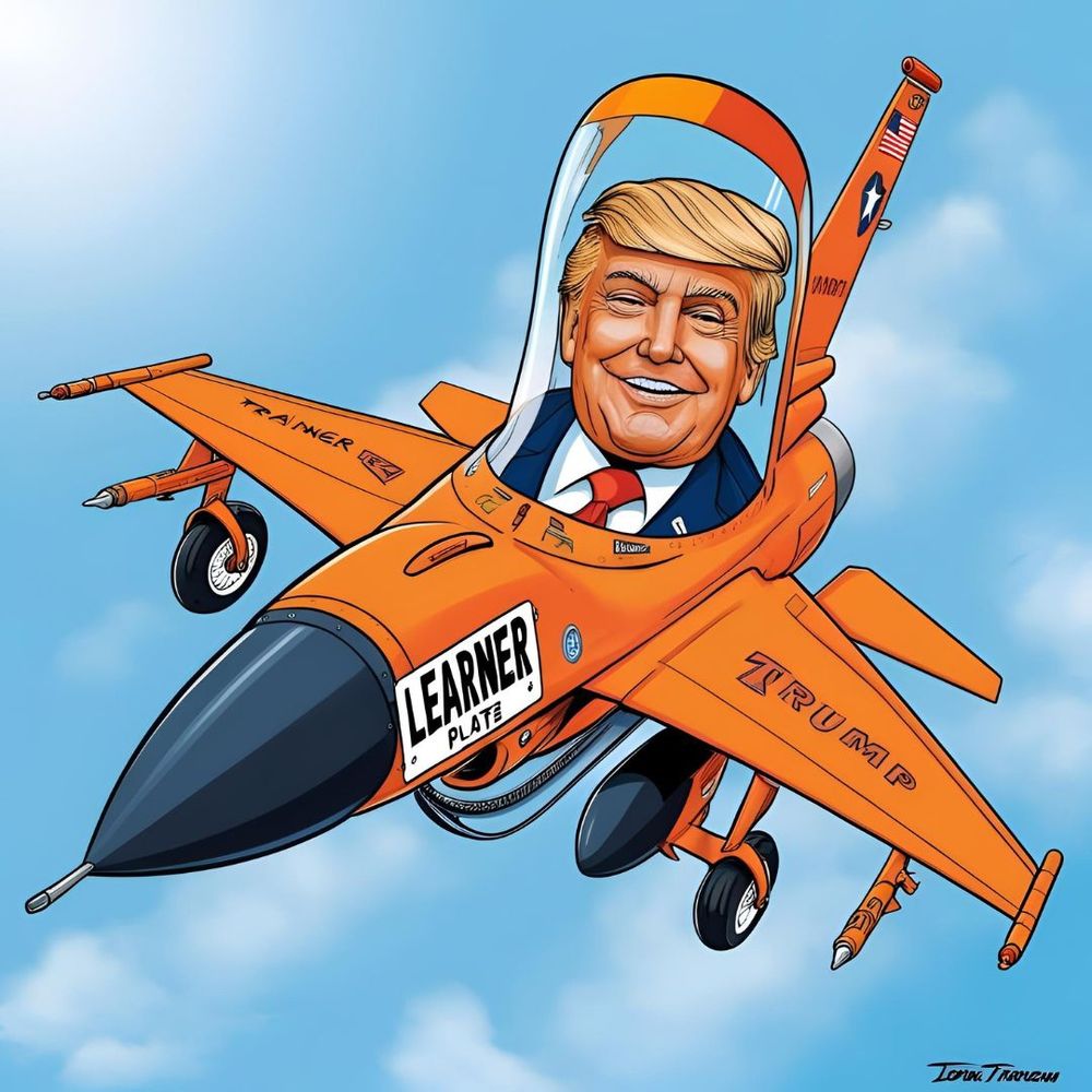 Trump in his orange fighter jet with training wheels and learner plate.