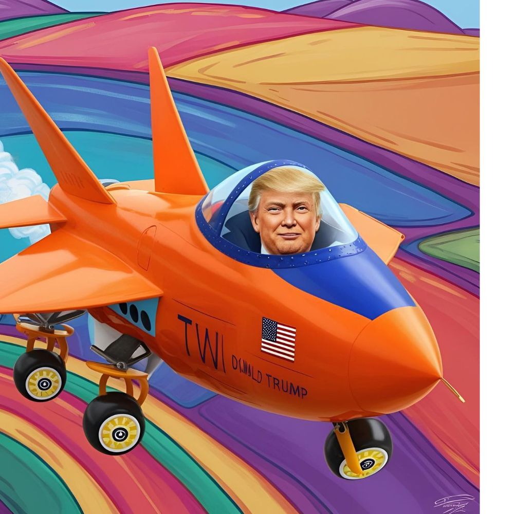 Trump in his orange fighter jet with training wheels and learner plate.