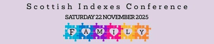 Logo for Scottish Indexes conference on Saturday 22 November.  Family in hearts and jigsaw rainbow design.