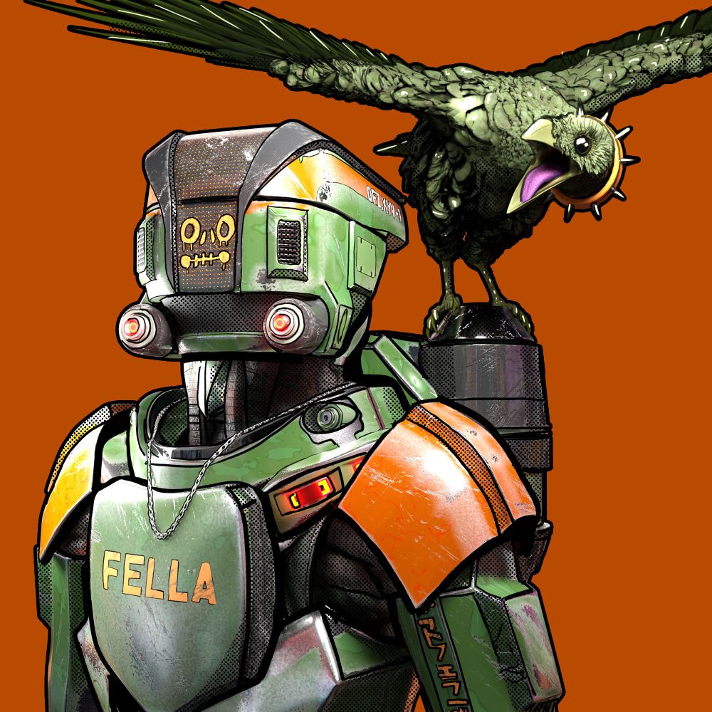 Borderlands style cell shaded humanoid robot with a green raven on its shoulder