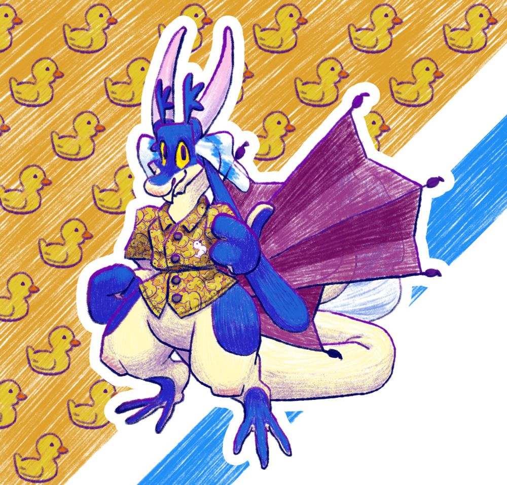 My original character, Potok. He's a water dragon, which may explain why he grew a fascination with ducks. Yes, perfectly logical... This totally wasn't a decision inspired by Hugh Newtron from Jimmy Newtron. No siree bob. There is a goose hidden amongst the ducks! OH NO!