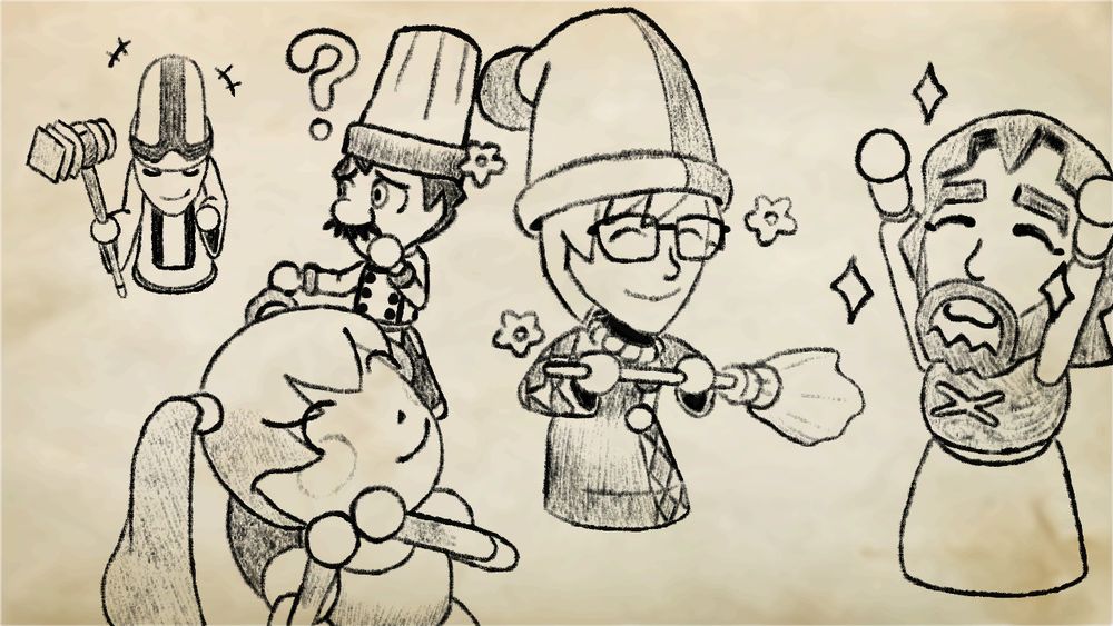 Based off of the first of many Miitopia streams, our heroes first adventures came to an end after saving Jesus's face. The team in question was lead by the hat enthusiast wizard himself, HTE! Following him was the team's spirit, Hatsune Miku, Ril, the traveling priest and lore master, and Pillow (Hey, that's me!), the timid chef and Mario cosplayer.

Lore-wise, each image is drawn by Ril as a means to cataloguing the events of everyone's adventures together. What's he up to anyway?