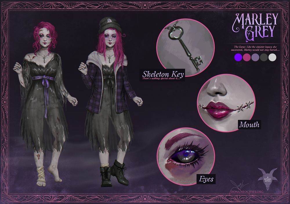 Reference sheet by Dona Vajgand, showing Marley in their torn black nightgown + the version with goth boots, hoodie, and beanie for blending in. Closeups on a skeleton key, stitched chelsea smile, and black sclera eyes. "Satanik Gothic" goat head silhouette in the corner.