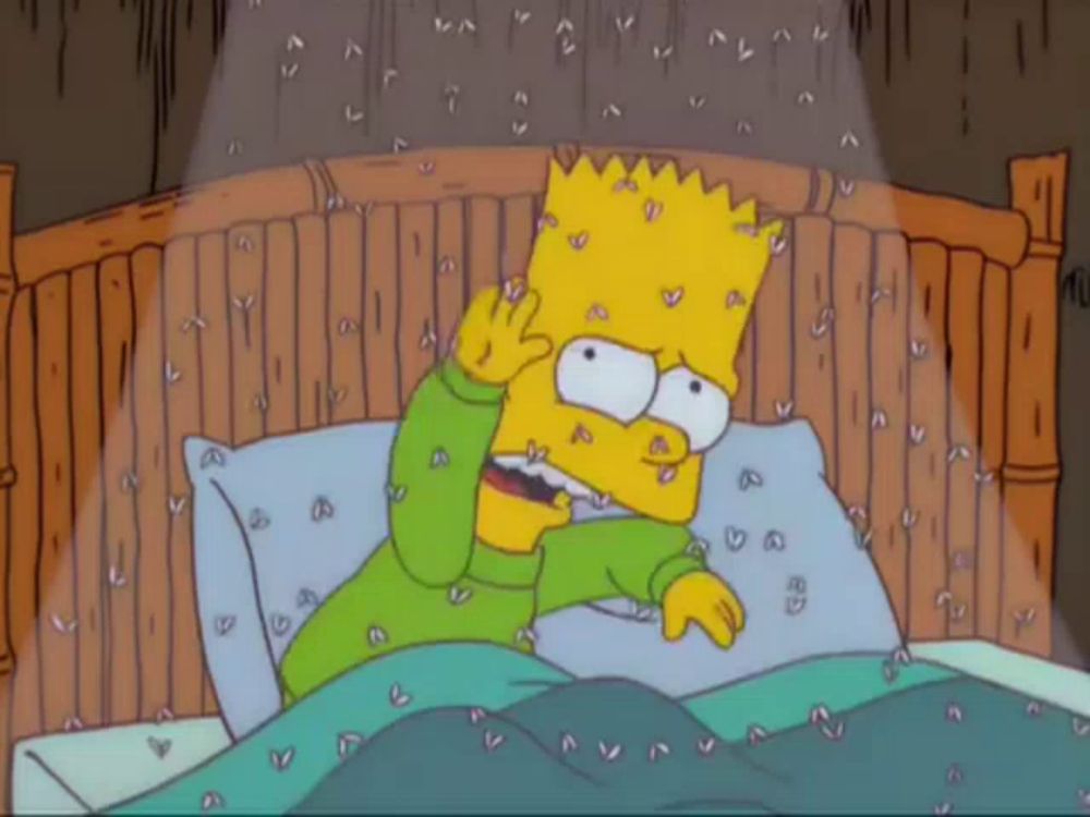 bart simpson is laying in bed with a lot of mosquitoes on his face