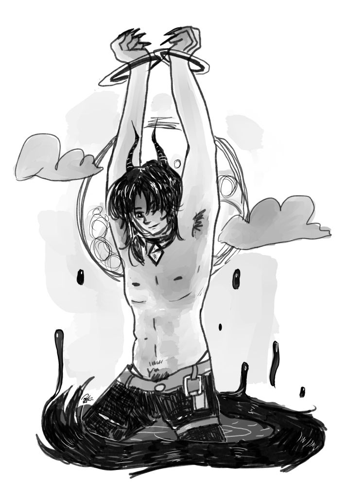 There's some kinda demon lightly chained up, tail, horns and hair are black, with the moon and clouds in the background. Entire image is in grayscale