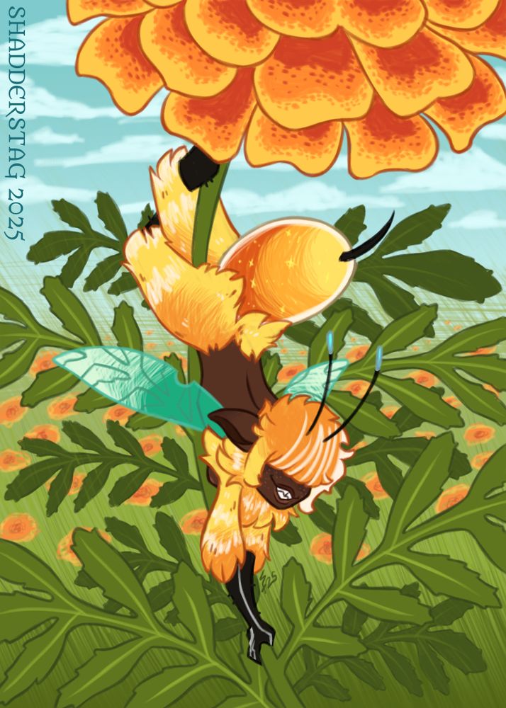 Illustration of a small Black faerie with white-streaked golden yellow fur on her arms, neck, and thighs, and similarly colored hair covering her eyes. She's smiling impishly and has a gap tooth and sharp teeth. Her ears are big and droopy like a goblin, and she has freckles. She also has antennae, translucent wings, and a big bug abdomen with a stinger. She's posed on the stem of a marigold flower like she's pole dancing, and the background is a field of marigolds under an overcast sky.