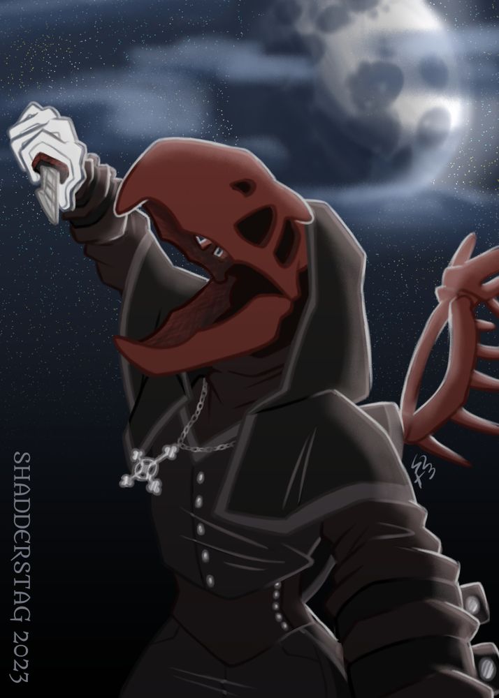 Illustration of Bimi's OC Preacher, a slasher character with the skull of a terror bird and the outfit of a priest.